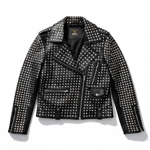 Custom Studded Cowhide Leather Moto Jacket Womens L Black Biker